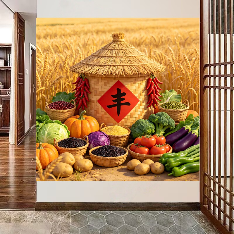 丰收谷仓墙贴五谷丰登杂粮蔬菜水果金黄田野秋季喜庆丰收装饰贴纸