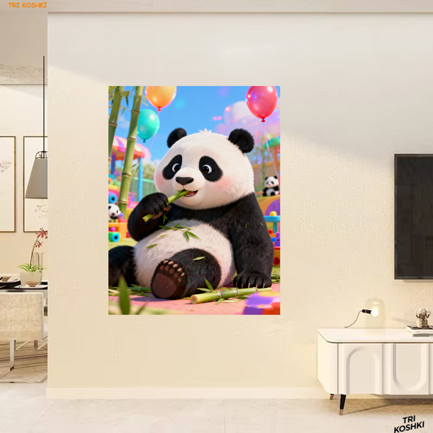 国宝大熊猫吃竹子高清图片墙贴客厅卧室儿童房可爱熊猫木门装饰贴