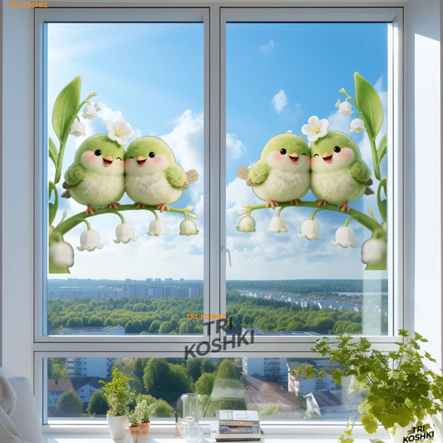 可爱治愈花束上的小鸟贴纸窗户门窗贴纸自粘冰箱贴纸墙面装饰墙贴