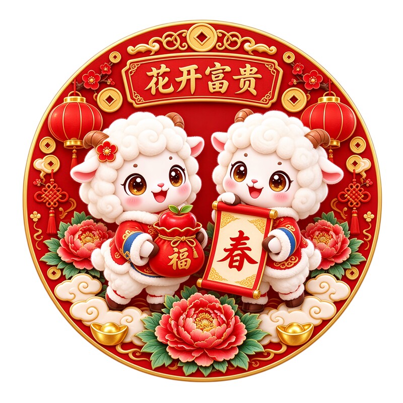 花开富贵圆形墙贴双小羊抱福苹果春卷国潮喜庆新年防水装饰贴纸画