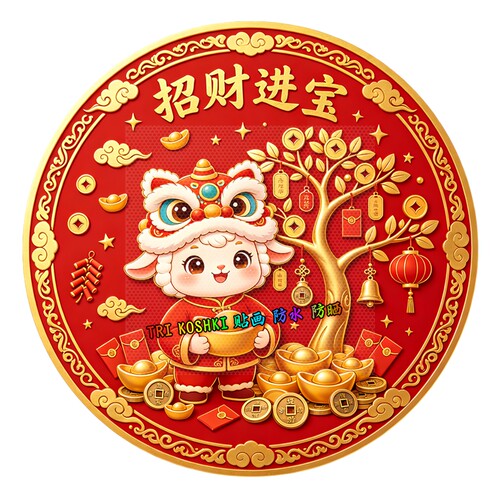 国潮舞狮小羊招财进宝摇钱树红包铜钱圆形喜庆新春吉祥装饰贴纸