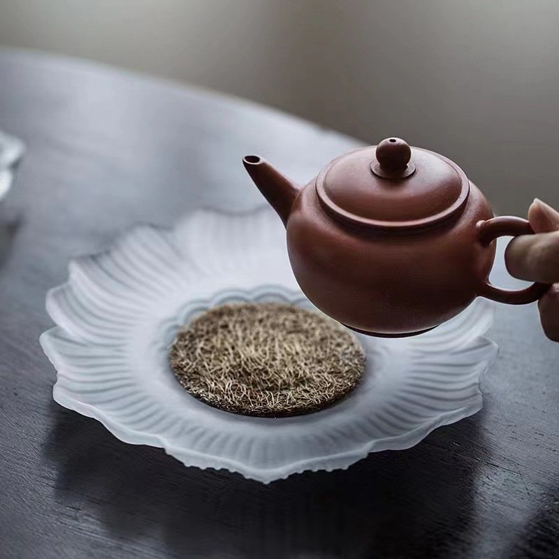 新中式爆款小众磨砂水晶玻璃莲花小茶盘小型干果盘便携式盖碗壶承