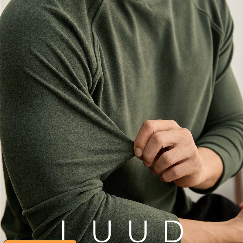 LUUD 军绿色德绒磨毛保暖半高领打底衫男士N拼接线条插肩袖T恤长