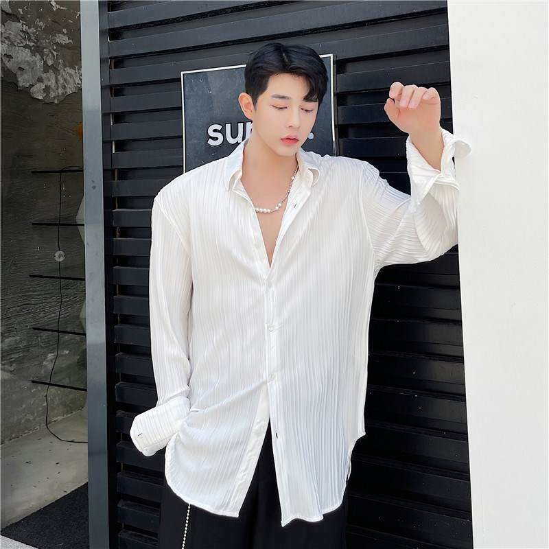 春夏很仙的衬衫男长袖宽松韩x版个性时尚压皱设计感网红坠垂感衬
