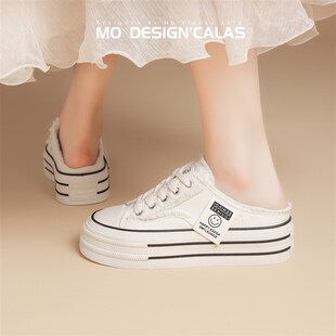 包头半拖鞋c女夏季外穿2025新款低帮无后跟懒人乞丐风厚底帆布鞋