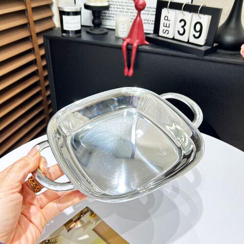 18/10不锈钢双耳方盘儿童餐盘家用蒸盘水果盘子厨房配菜盘菜盘碟