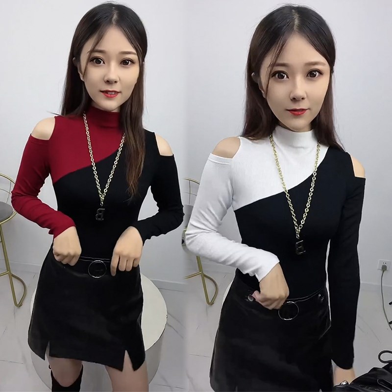 时尚t恤女23春季韩版洋t气显瘦百搭减龄拼色漏肩设计感气质打底衫