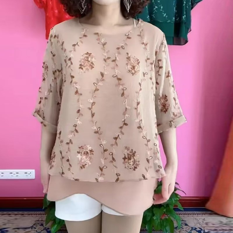 妈妈夏季时尚中袖打底衫宽松显瘦小衫中年女士夏装洋派百搭T恤衫