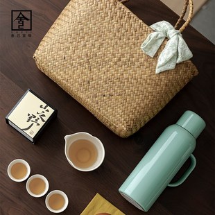 旅行茶具闷茶壶家用女士茶具茶杯紫砂壶户外大容量便携竹编手提篮