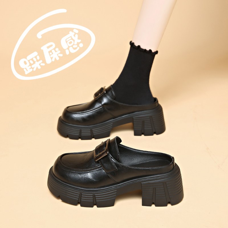 厚底乐福鞋女2025春季新款无后跟黑色单鞋一脚蹬半拖懒人Z鞋子34
