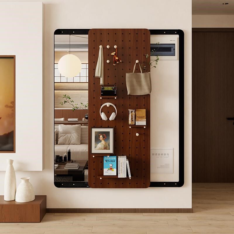 实木洞洞板置物架入户墙面挂衣架可遮挡电表箱P隐藏式推拉全身镜