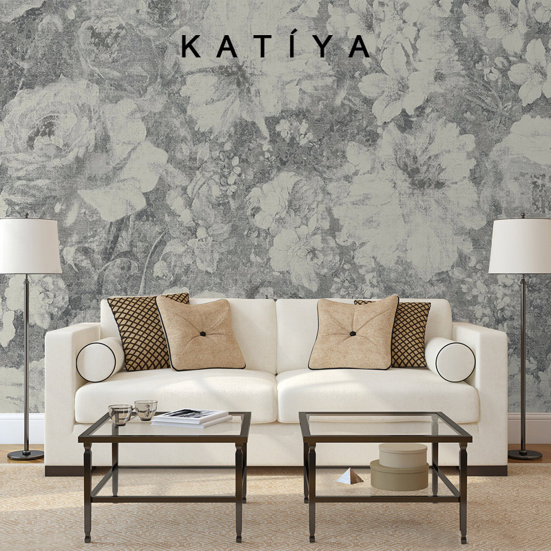Katiya美式手绘艺术墙布装饰花朵法式电视背景墙T客厅卧室壁纸壁