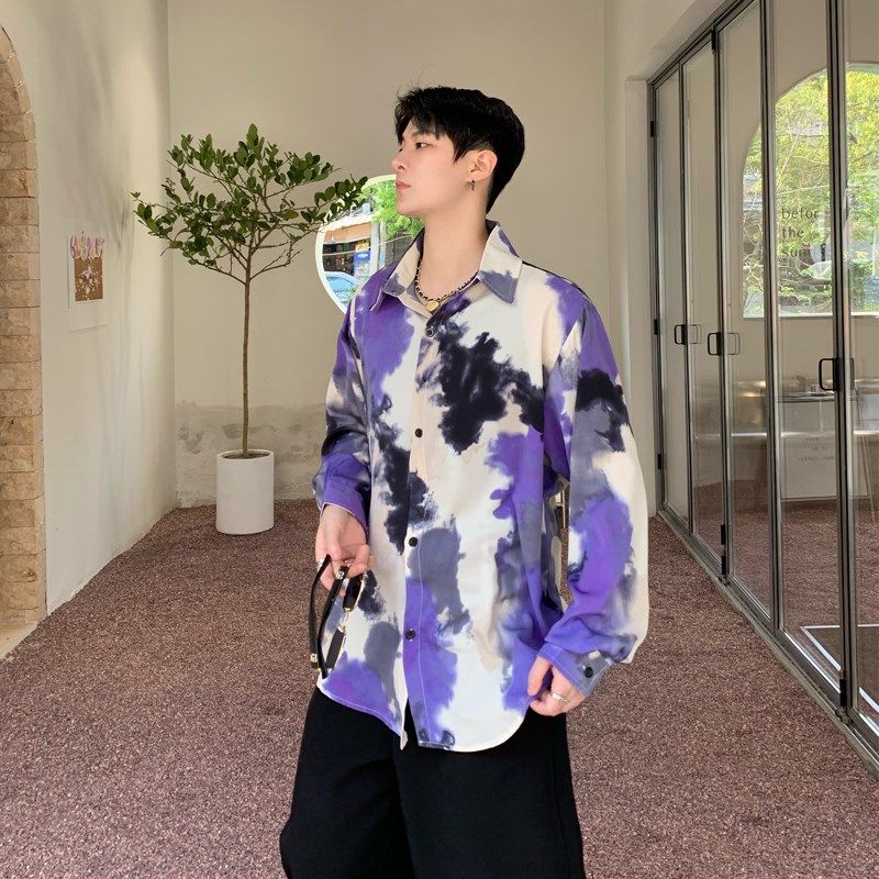 紫色涂鸦个性印花长袖宽松衬衫潮男发型师春夏季垂感休闲花衬衣薄