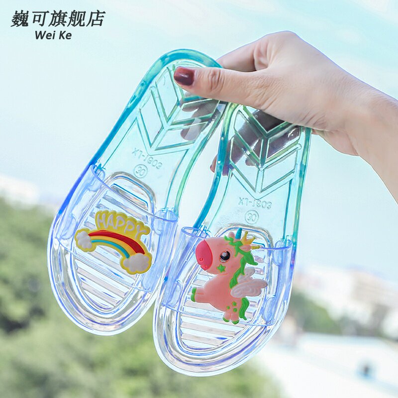 亲子儿童拖鞋夏小女孩水晶透明软底凉拖时尚N外穿平底沙滩一字拖.