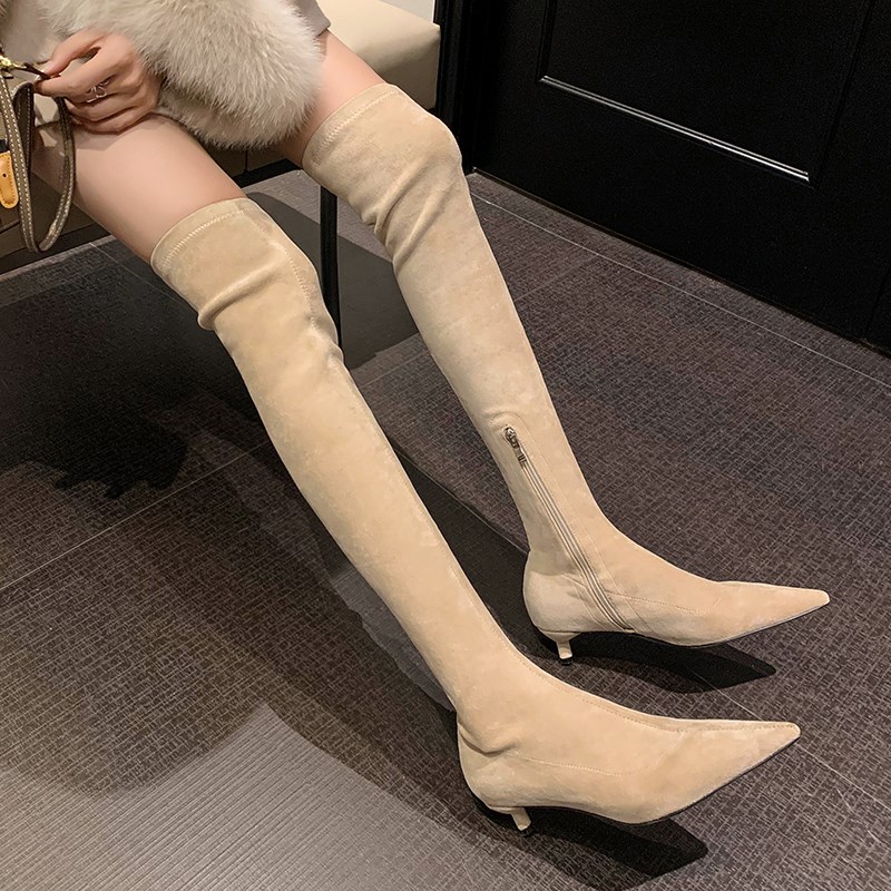 过膝长靴女2024秋冬新款绒w面尖头侧拉链瘦瘦靴细跟高筒弹力长筒