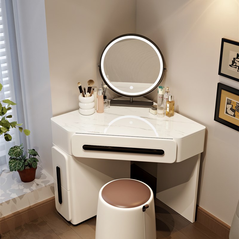 三角形角梳妆台收纳柜一体化奶油风格主卧室床头角角梳妆台小80cm