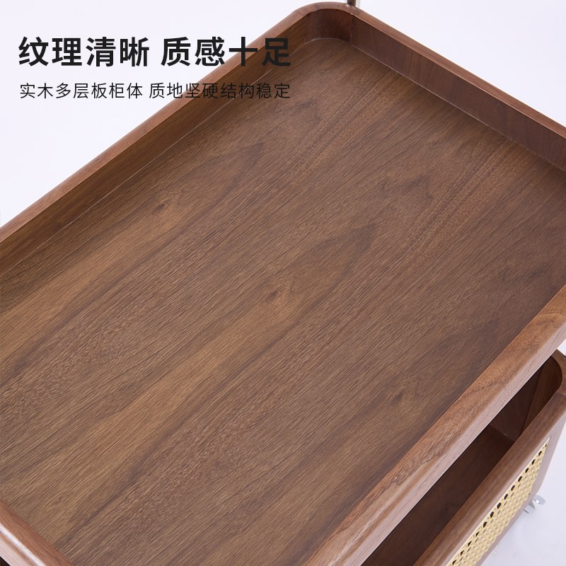 中古风小推车黑胡桃木色可移动带轮小茶几客厅沙发收纳复古藤编