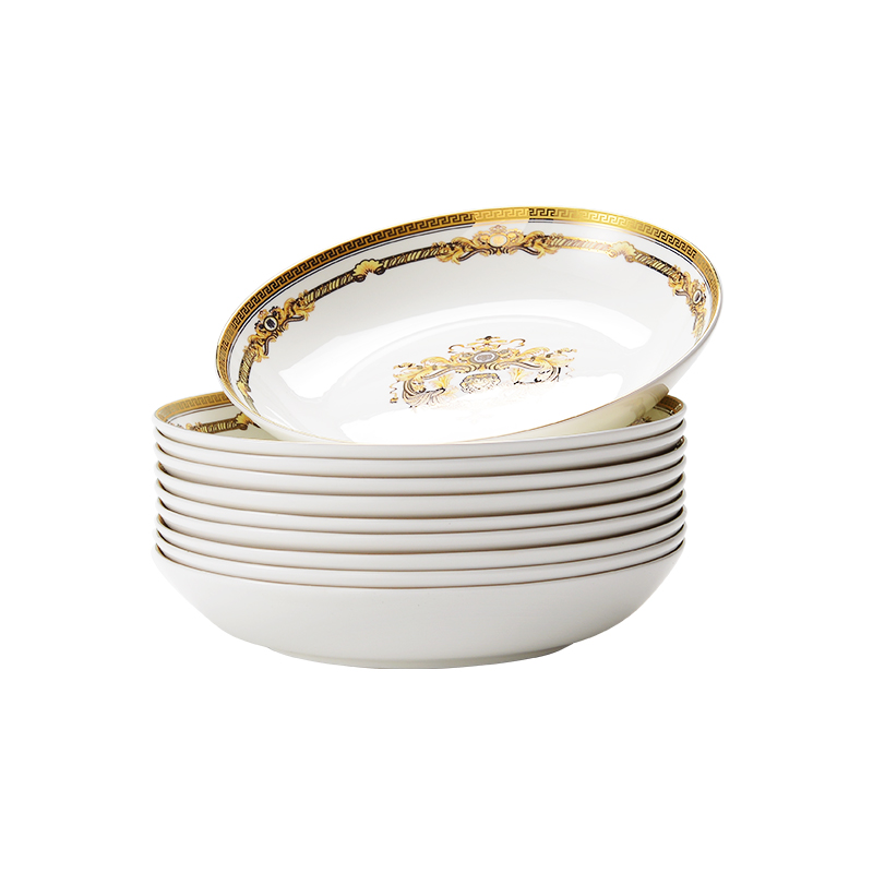 家用盘子10个套装欧式8英寸骨瓷菜盘金边饭盘菜碟子微波炉餐具盘