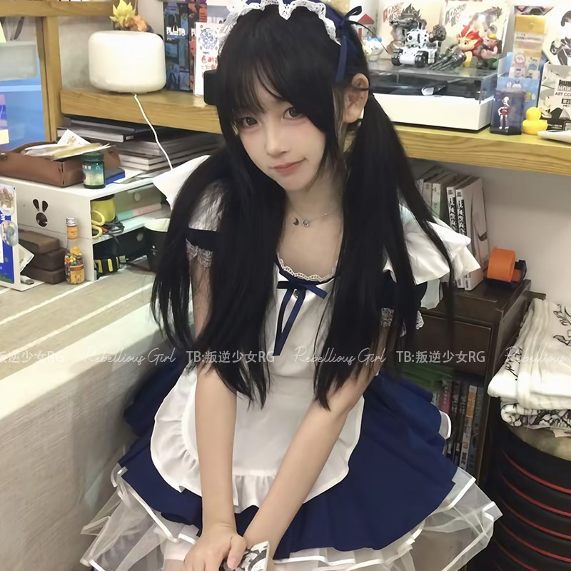 海盐甜心*日系可爱天使女仆装cos服软萌少女Lolita绀色狗短连衣裙