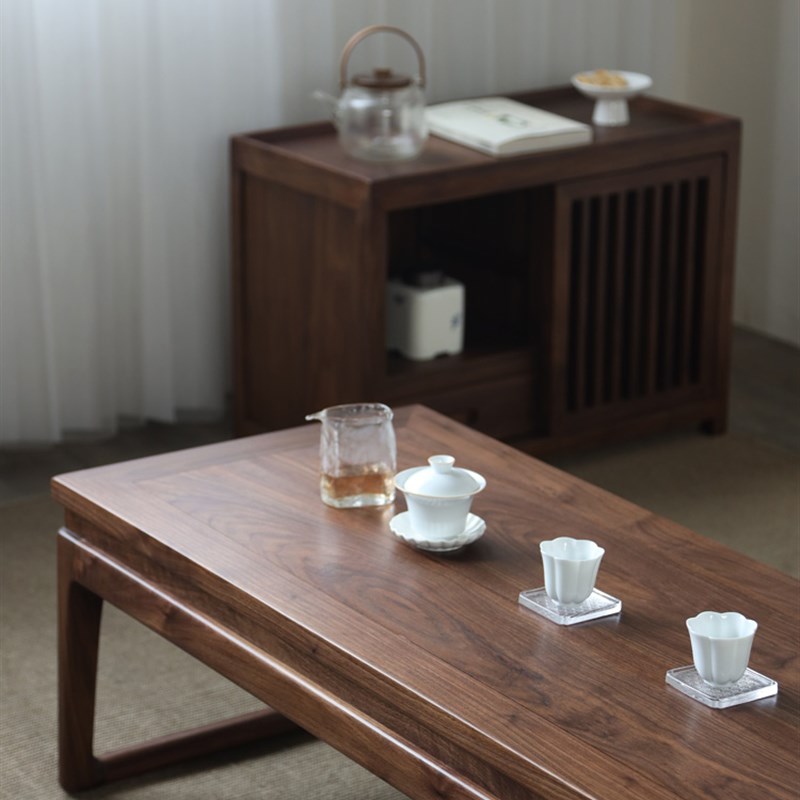 中式茶桌榻榻米茶几实木禅意小桌子北美黑胡桃木矮桌家用炕桌飘窗