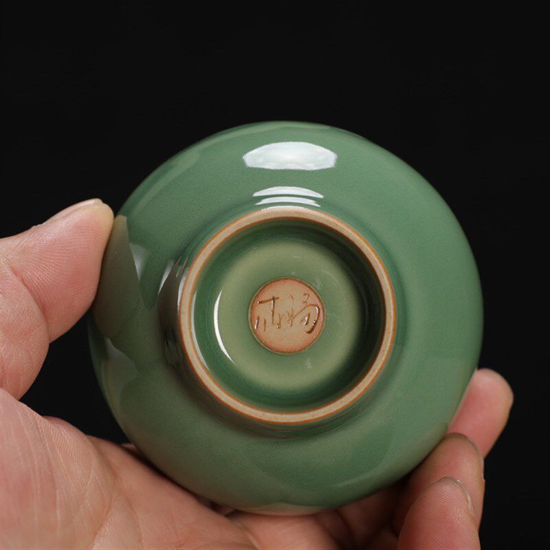 青瓷周连福弟窑梅子青陶瓷花瓶摆件现代花器全手工小号把玩收藏