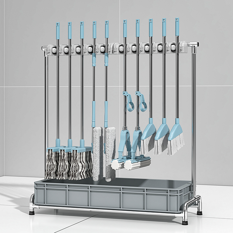 带轮移动拖把架放扫把置物架不锈钢商用落地收纳清洁卫生工具架子