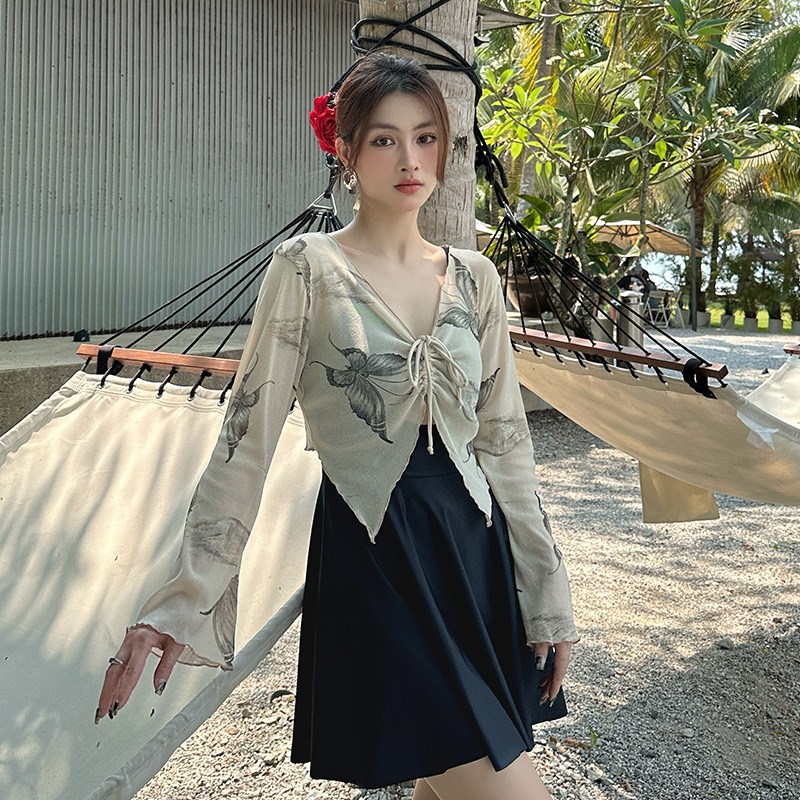 夏季新款泳衣女时尚显瘦保守女式泳装长袖两件套质感泳裙温泉大码