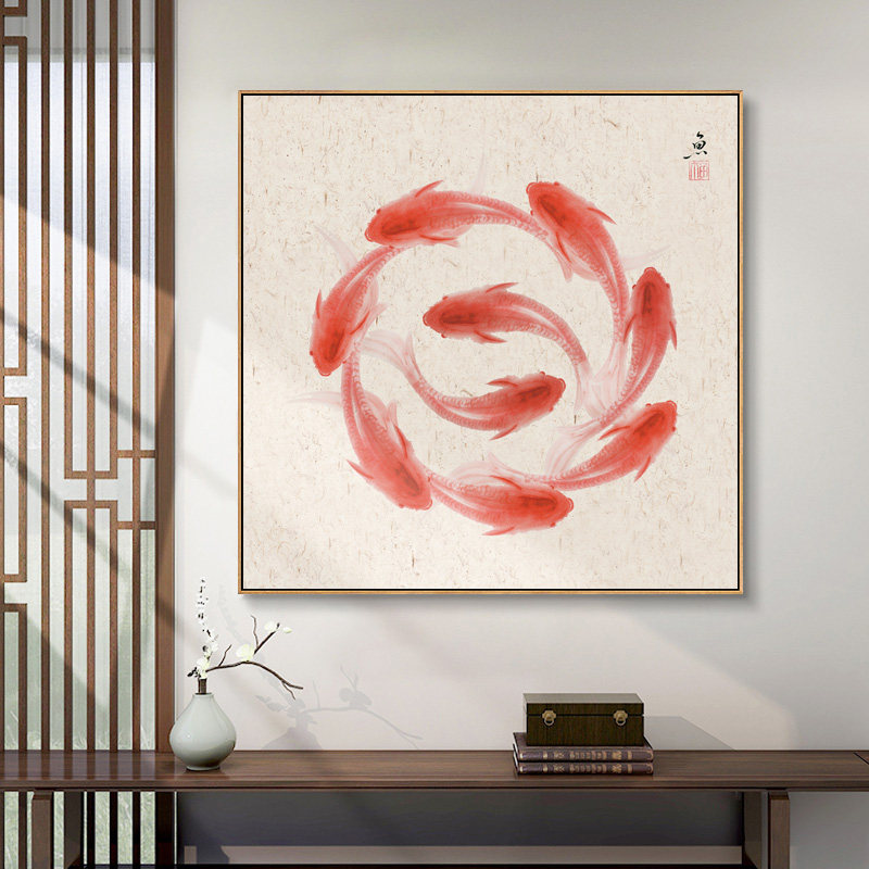 转运鱼玄关装饰画寓意好的餐厅走廊过道壁画新中式客厅九鱼图挂画