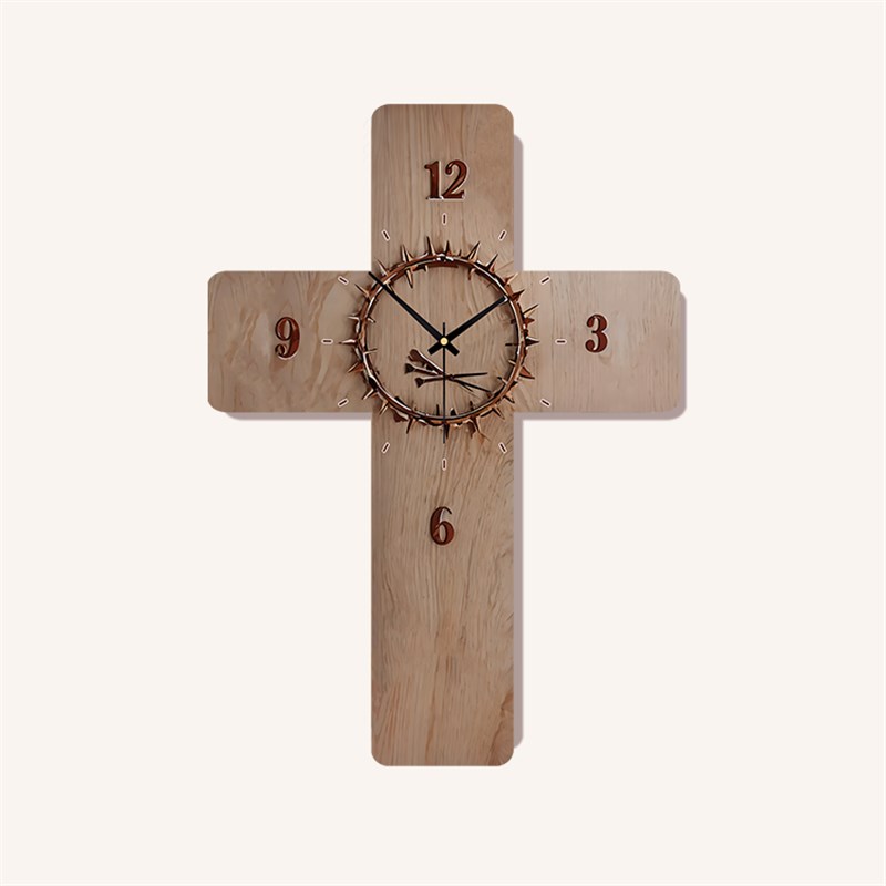 挂钟客厅2024新款静音机芯怀旧沙发卧室木质十字架钟表挂墙上时钟