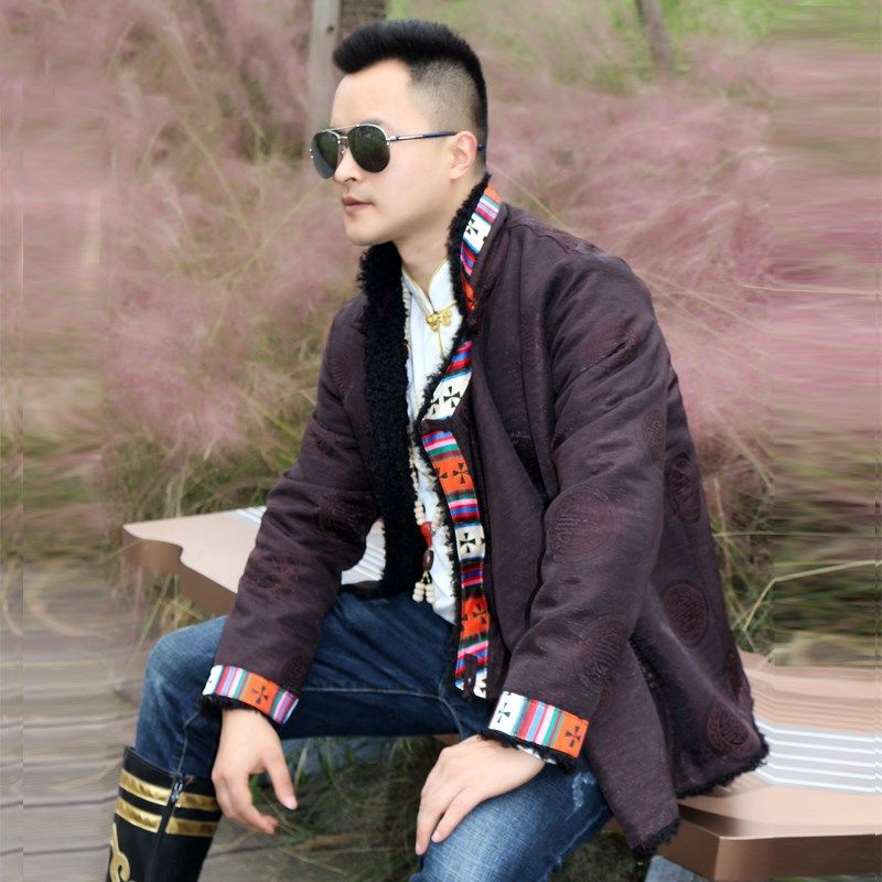 新款藏袍男冬季藏装黑毛加绒保暖短款氆氇西藏民族风藏族服装藏衣