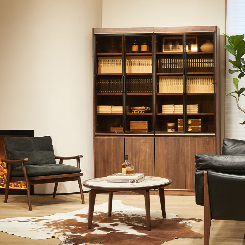 北美黑胡桃木书柜全实木玻璃门酒柜落地置物柜客厅靠墙展示柜定制