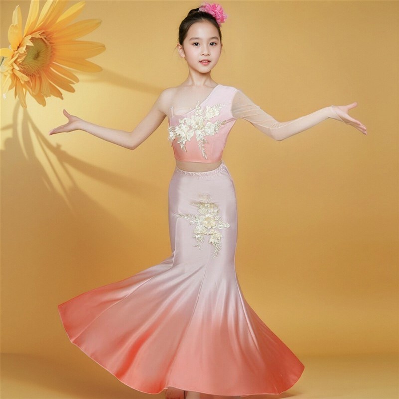 新款儿童傣族舞蹈演出练功服少儿女艺考舞裙表演服孔雀舞鱼尾裙