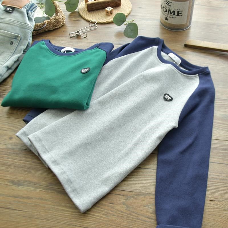 儿童厚款亲肤柔软磨毛纯棉长袖男童宽松插肩拼色圆领加厚打底T恤