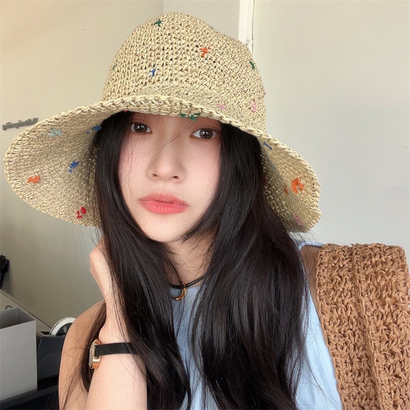韩版新款大檐彩色遮阳草帽度假出游百搭草编防晒时V尚海边沙滩凉