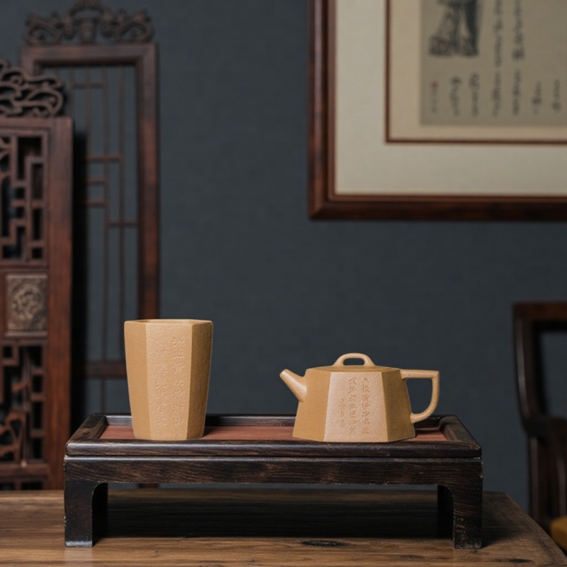 玉成窑非遗▪宜兴紫砂壶随e泡黄金段六合套壶杯子套装功夫茶具