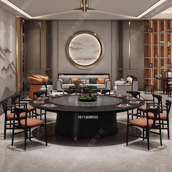 新中式酒店实木电动餐桌大圆桌自动岩板转盘桌多人位火锅桌家具JJ