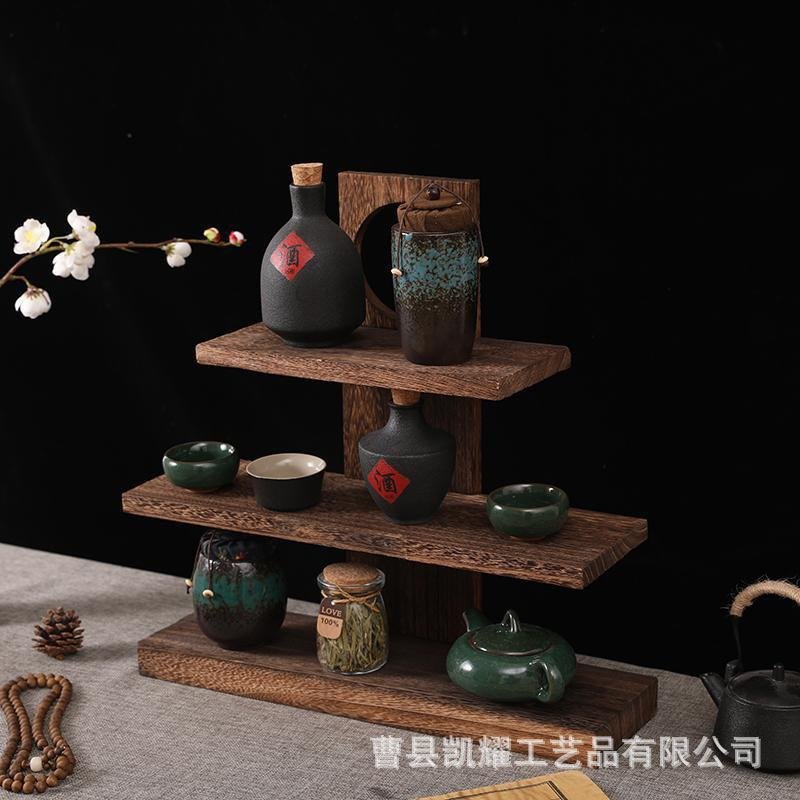 桌面置物架实木复古博古架家用多层茶杯架茶壶架多层木质收纳架