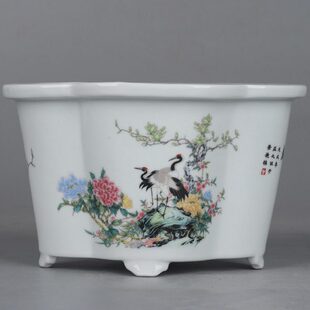 复古怀旧风粉彩松鹤迎春花鸟纹异形中号陶瓷花盆菖蒲多肉文竹瓷盆