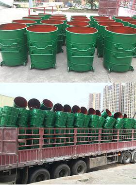 户外环卫铁皮拉圾桶360L带轮带盖镀锌钢板挂车圆形桶垃圾桶加厚