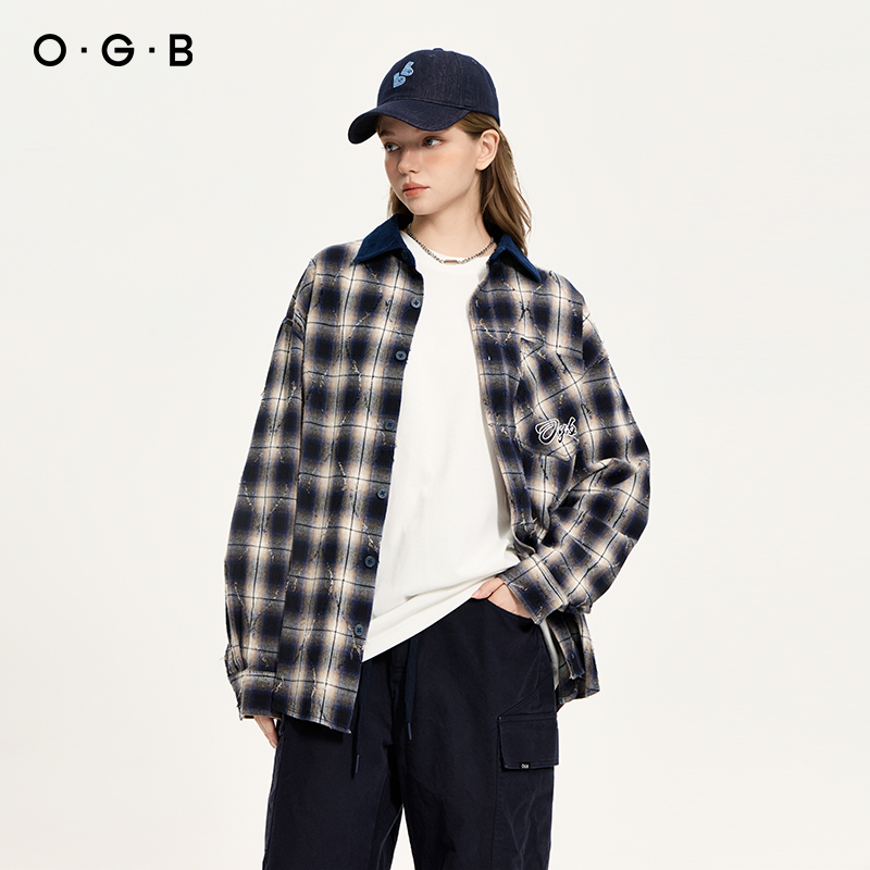 OGB 2025秋季新款美式复古刺绣印花格子衬衫男女灯芯绒领长袖外套