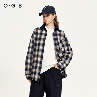 OGB 2025秋季新款美式复古刺绣印花格子衬衫男女灯芯绒领长袖外套
