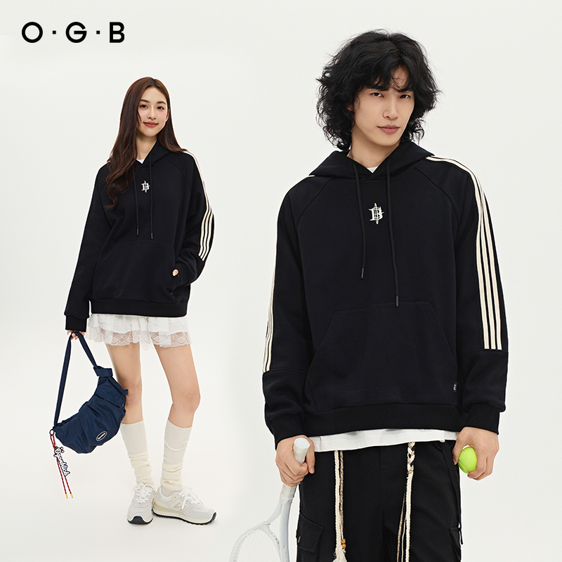 OGB中性潮牌重磅美式复古撞色插肩连帽卫衣男女25年秋冬新款上衣