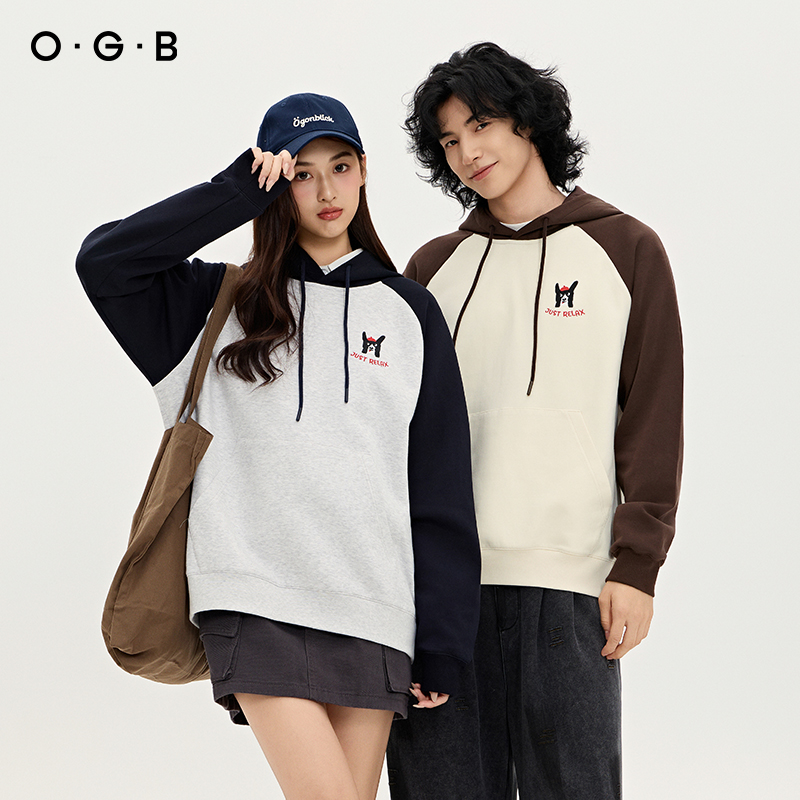 OGB中性潮牌重磅棉连帽卫衣美式休闲插肩袖外套情侣宽松帽衫男女