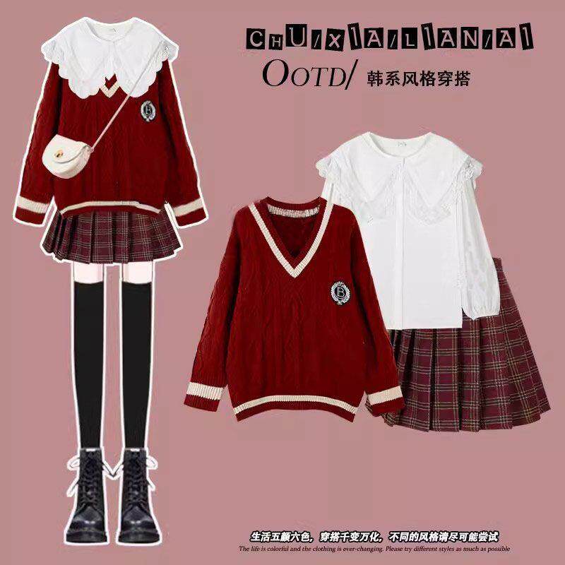 春秋套装女学生韩版宽松学院风红色D圣诞毛衣+衬衫百褶裙三件套潮