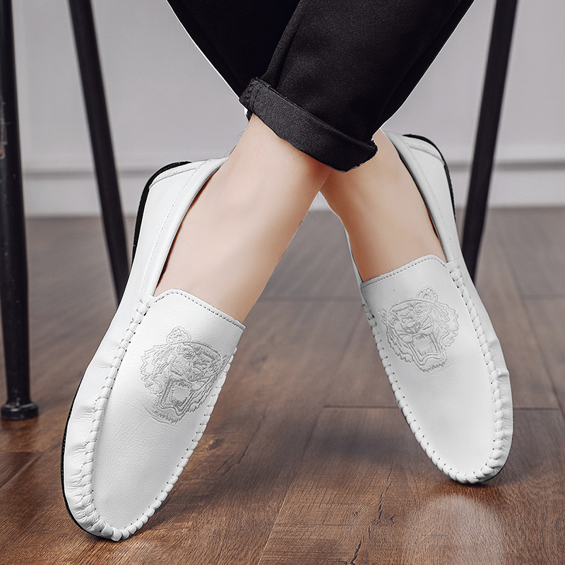 白色个性虎纹豆豆皮鞋男百t搭懒人无鞋带男鞋子韩版潮流鞋发型师