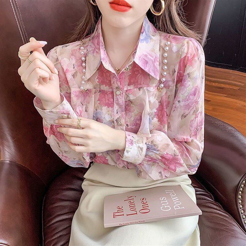 2025春季新款洋气百搭t设计感珍珠荷叶边碎花雪纺甜美长袖衬衣