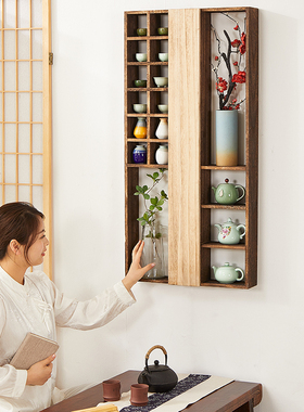 实木中式挂墙博古架墙上茶杯架壁挂E式置物架多宝阁茶壶茶具收纳