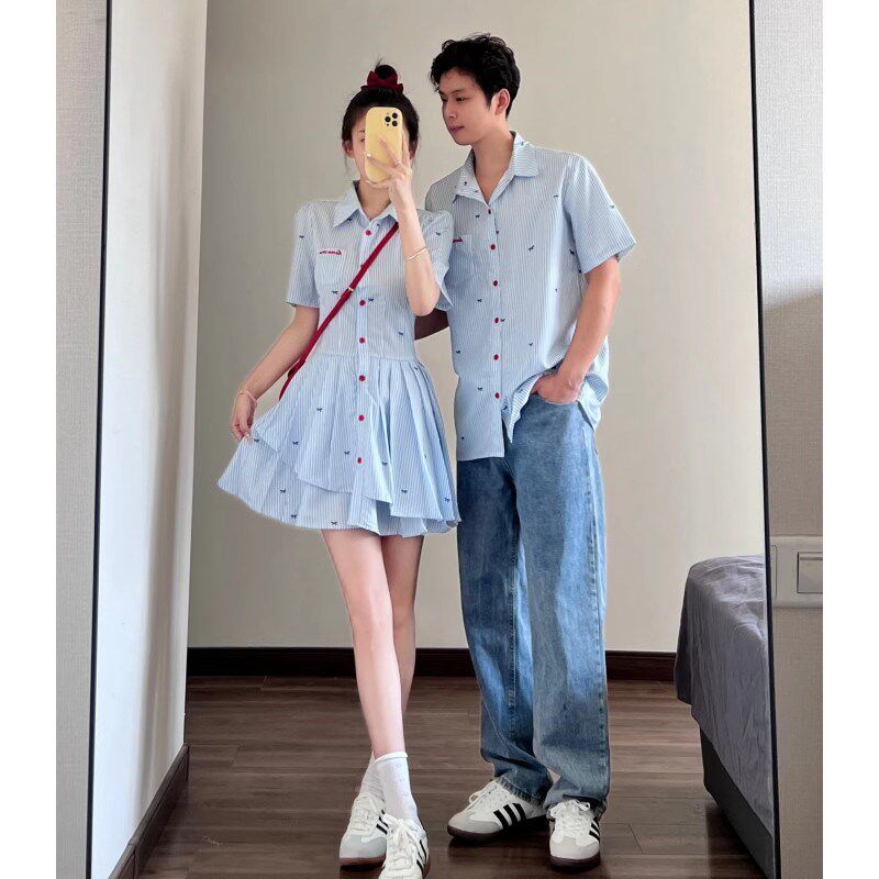 法式情侣装夏季一裙一衣条纹衬衫小众设计感2025新款潮流网红高级