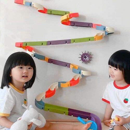 宝宝轨道鸭子滑滑梯儿童q大颗粒DIY拼装洗澡戏水滚珠轨道积木玩具