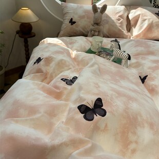 少女心彩色蝴蝶h纯棉磨毛四件套全棉1.5m1.8米床上用品加厚保暖冬